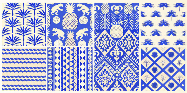 blue and white tropical pattern with palm trees and animal motifs
