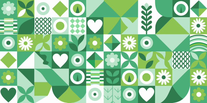 Green geometric pattern with floral and heart motifs vector illustration