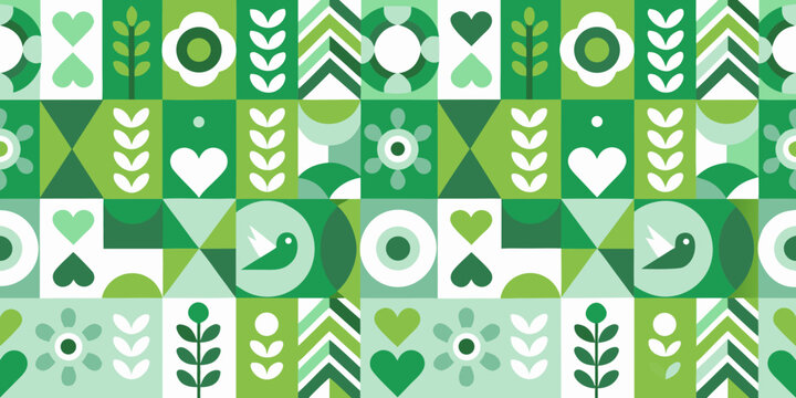 green folk art pattern with birds hearts and floral elements