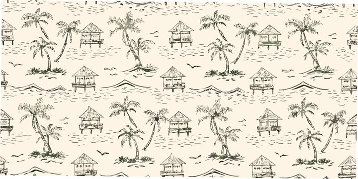 tropical island pattern with palm trees and thatched huts