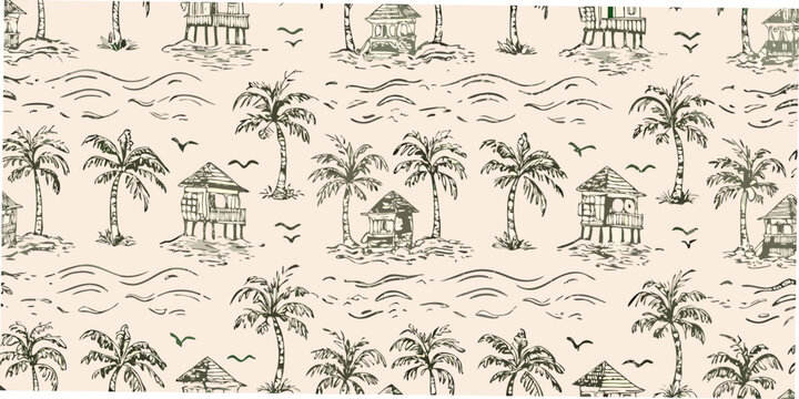 tropical island pattern with palm trees and huts hand drawn style