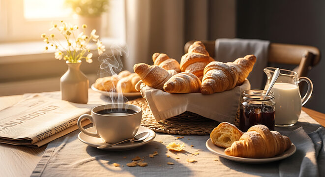 Delicious breakfast table with croissants coffee and jam on a sunny morning transparent background