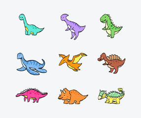Cute Kawaii Dinosaur Cartoon Character Set, Hand Drawn Colorful Dino Clipart Bundle Vector, T-Rex Triceratops Illustration for Kids © Simple Glyphs