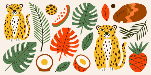 Stylized illustration of leopards tropical leaves and fruit on a beige background © Tusar
