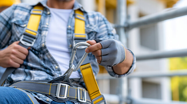 Construction worker tying safety harness before ascending scaffolding, fall protection and safety compliance concept, with copy space