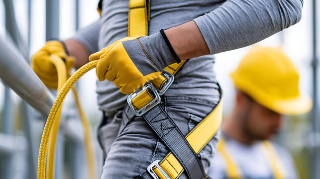 Construction worker tying safety harness before ascending scaffolding, fall protection and safety compliance concept, with copy space