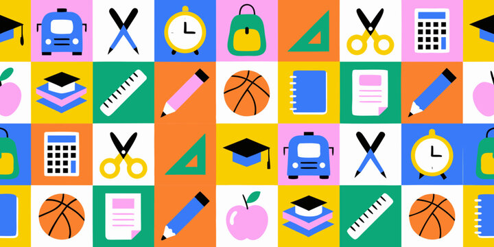 School supplies flat icons grid colorful educational pattern