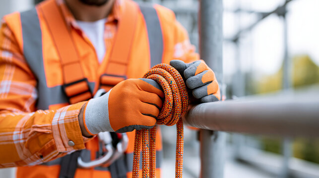 Construction worker tying safety harness before ascending scaffolding, fall protection and safety compliance concept, with copy space
