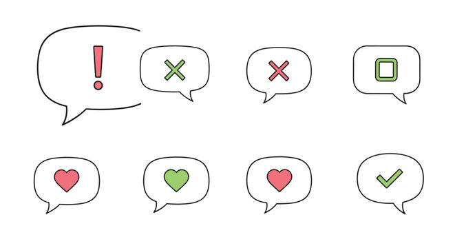 Collection of speech bubbles containing various icons including an exclamation mark crosses checks and hearts.