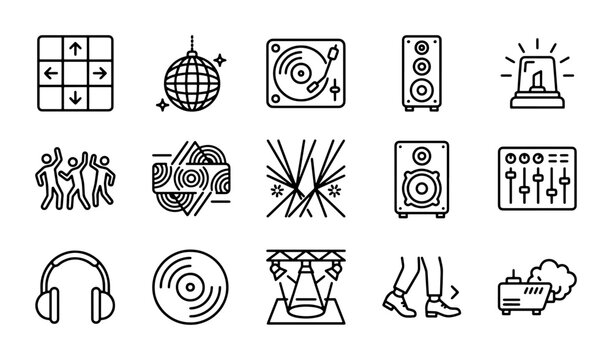 Party Icons Set: Disco Ball, DJ Turntable, Speakers, Dancing, Lights, 15 Elements