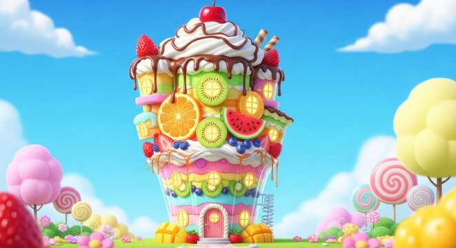 Maison color&eacute;e en forme de cupcake, d&eacute;cor&eacute;e de fruits vari&eacute;s et sur fond de ciel.