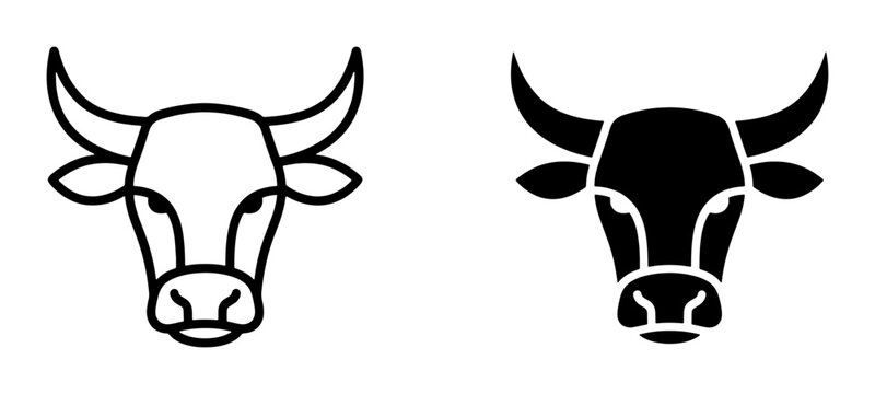 Bull Head Icons, Livestock Symbol, Farm Animal Vector Graphics, Black and White Silhouettes