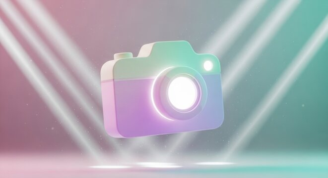 Cam&eacute;ra 3D abstraite flottant sur un fond d&eacute;grad&eacute; avec des faisceaux lumineux