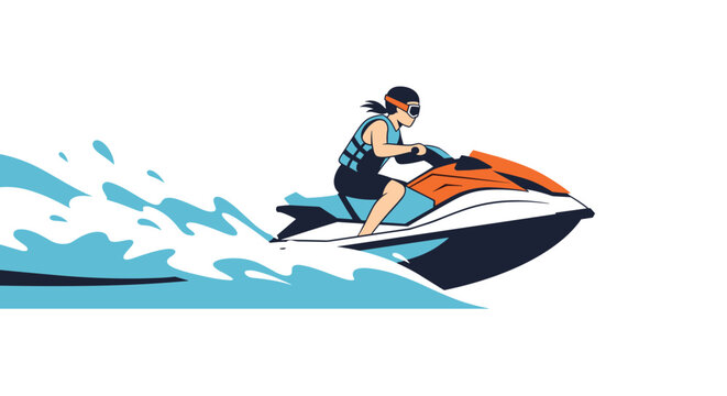 Active person riding an orange and blue jet ski across splashing blue ocean waves in a dynamic sport illustration.