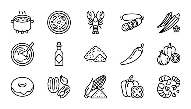 Cajun Food Icons, Louisiana Cuisine Vector Set, Creole Cooking Ingredients, Spicy Meal Elements