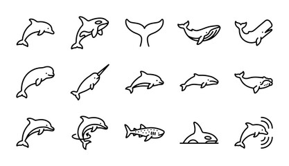 Ocean Mammal Icons Set: Whales, Dolphins, Narwhal, Orca, Shark, Vector Art © Mizanur