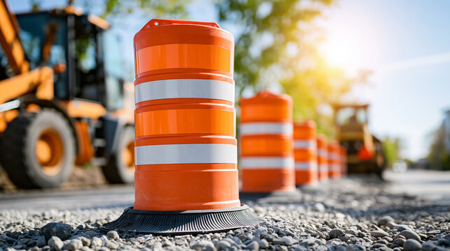 Bright sunlight illuminating construction barrels marking an active road repair site with heavy machinery in the background, safety and road work concept, with copy space
