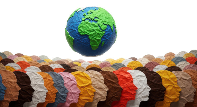 A crowd of diverse people made of crumpled paper silhouettes facing a globe isolated on transparent background