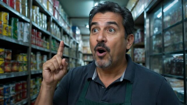 Middle aged shopkeeper with a goatee expressing a sudden realization inside a narrow grocery aisle, pointing his finger upwards, conveying surprise and success for his small business commercial.