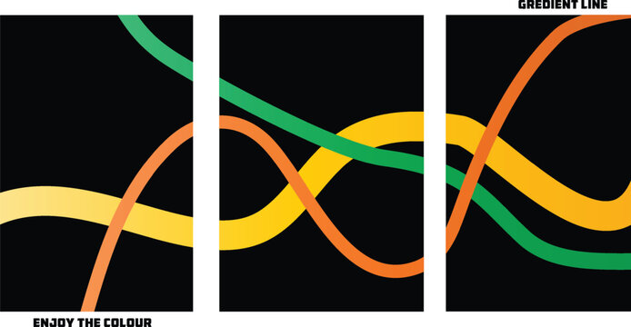 Abstract wavy lines triptych with green orange yellow on black background abstract triptych illustration background