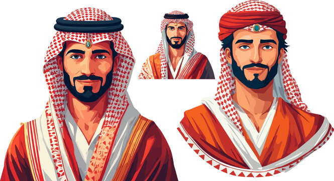 Middle Eastern man avatar set, Arab male character in traditional thobe and ghutra, set of 3 illustrated portraits of Saudi men in red and white keffiyeh