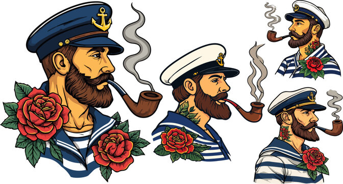 Vintage sailor tattoo vector set, bearded sea captain smoking pipe with red roses, nautical mariner character illustrations for apparel design