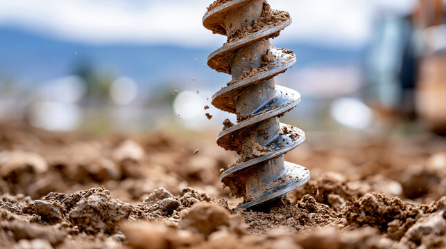 Auger drill bit digging into soil at a construction site, ground drilling technology concept, with copy space