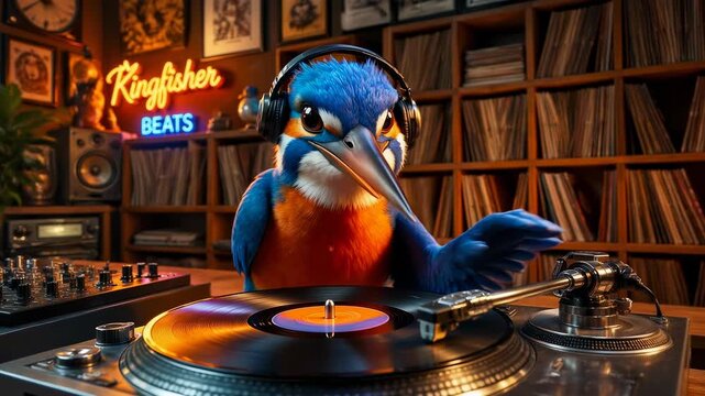 A vibrant kingfisher DJ wearing headphones rhythmically bobs its head while scratching on a professional turntable in a cozy studio filled with vinyl records, creating a unique musical atmosphere.
