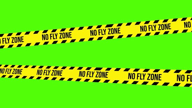 No Fly Zone Alert: Bold yellow hazard tape emblazoned with the words No Fly Zone stretches across a vibrant green backdrop, creating a stark visual warning. 