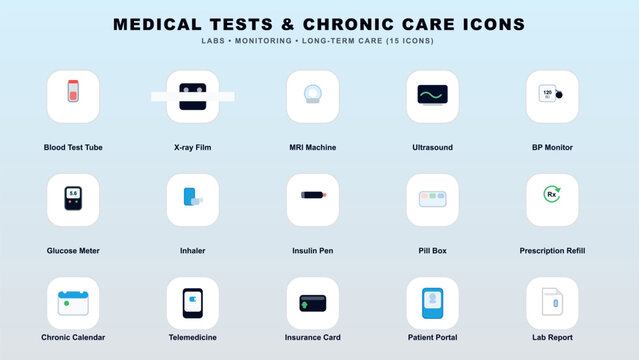 Essential medical tests and chronic care icons overview Vector