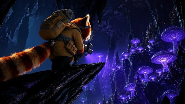 A curious red panda explorer wearing a tactical vest and carrying a gear pack stands on a dark rocky ledge, observing a magical underground cave filled with glowing bioluminescent purple mushrooms.
