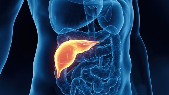 Pancreatitis 3D medical anatomy illustration, inflammation of human pancreas organ, acute and chronic pancreatic disorder, digestive system gland damage, gastrointestinal pathology, pancreatic enzyme 