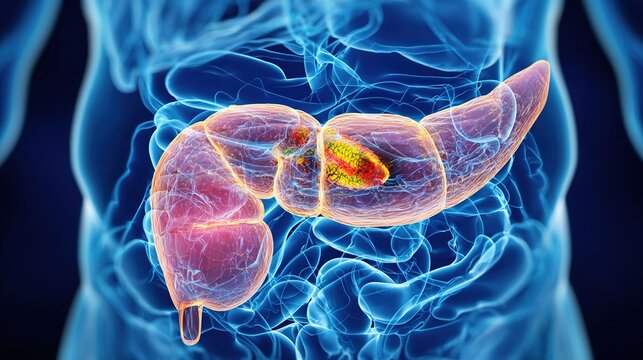 Pancreatitis 3D medical anatomy illustration, inflammation of human pancreas organ, acute and chronic pancreatic disorder, digestive system gland damage, gastrointestinal pathology, pancreatic enzyme 