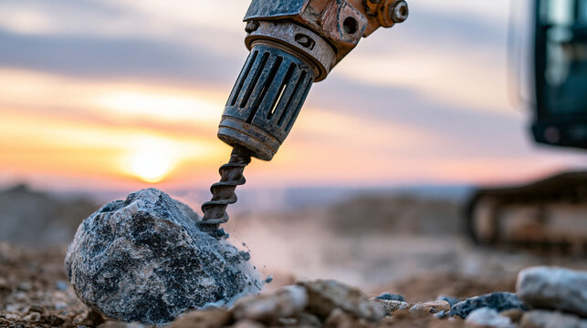 Close-up of heavy industrial rock drilling machinery actively fracturing a large stone block at an open-pit site at sunset, mining technology concept, with copy space