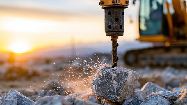 Close-up of heavy industrial rock drilling machinery actively fracturing a large stone block at an open-pit site at sunset, mining technology concept, with copy space