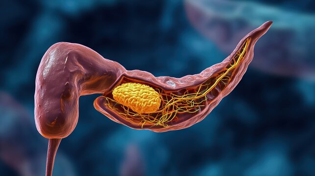Pancreatitis 3D medical anatomy illustration, inflammation of human pancreas organ, acute and chronic pancreatic disorder, digestive system gland damage, gastrointestinal pathology, pancreatic enzyme 