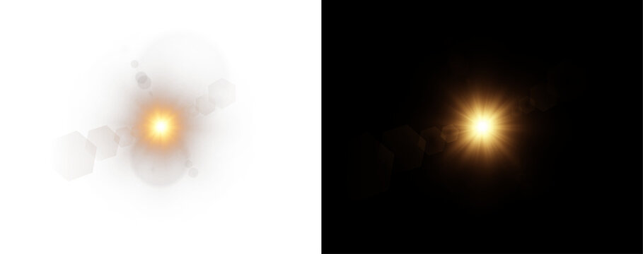 Golden Sun Flare PNG. Shiny sun rays burst, sunbeams, sunrays, sunshine sunburst design. star dust sun light shine. Cinematic glowing lens flare with warm radiant light effect