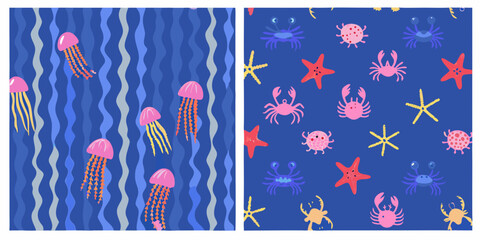 marine life pattern with jellyfish and crabs colorful vector illustration © Tapan