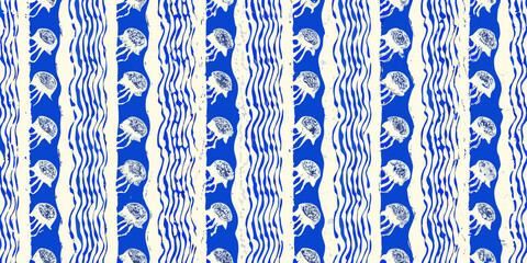 jellyfish pattern seamless blue and white textile design © Tapan