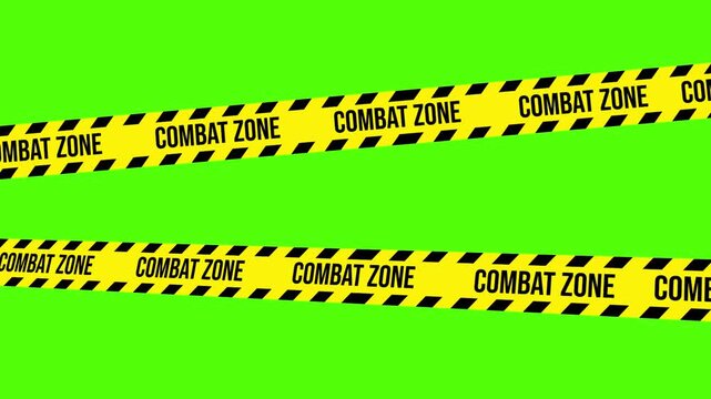 Combat Zone Barrier: A vibrant yellow and black barrier tape, boldly marked COMBAT ZONE, stretches across a vivid green backdrop, conveying a clear message of caution and restricted access.