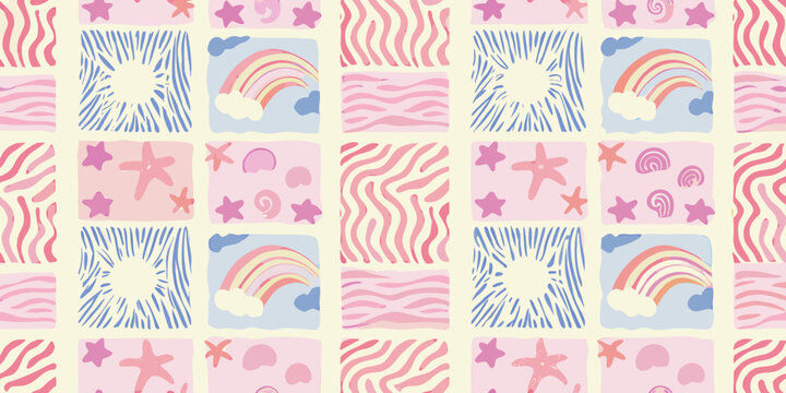 playful pattern with rainbows suns stars and waves vector illustration