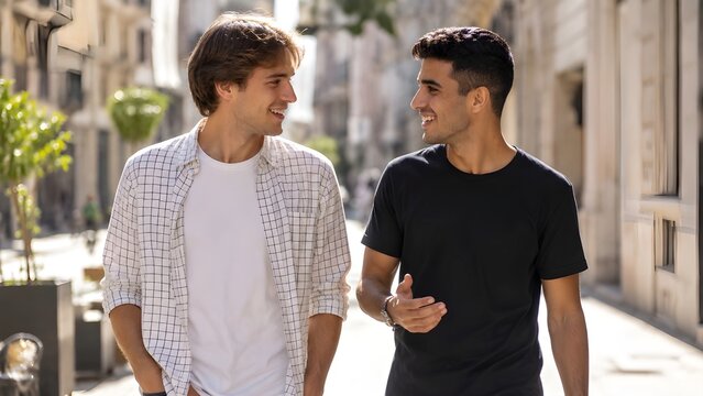 Chicos paseando por la calle, conversando y sonrientes.