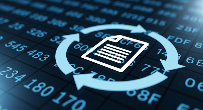 Document icon in a circular arrow on a background of numbers and codes on a grid