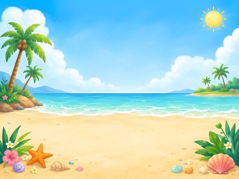 ilustraci&oacute;n infantil para fondo de playa veraniego.