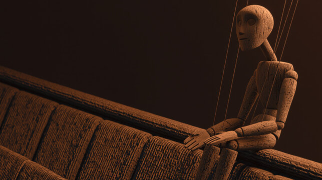 Abandoned Wooden Marionette on Theater Balcony Ledge Staring Into Void
