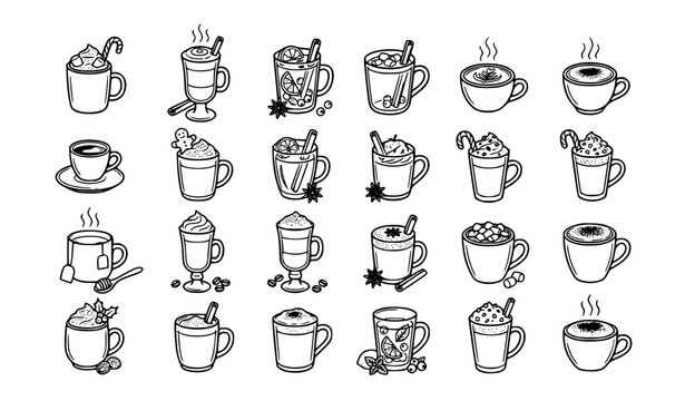 Winter coffee and hot chocolate icon set vector hand drawn holiday beverage collection