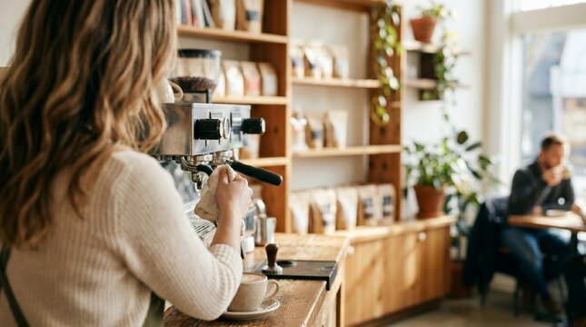 Female barista cleaning espresso machine in a modern cafe, making coffee