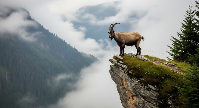 Majestic mountain goat stands proudly on a rocky cliff edge, surveying misty valleys