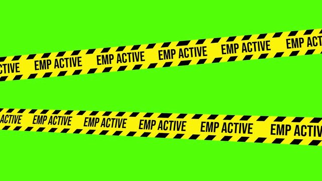 EMP Active Zone: A stark yellow and black hazard tape with the words EMP ACTIVE boldly displayed, signifying a restricted zone, a warning of potential electromagnetic pulse activity and risk.