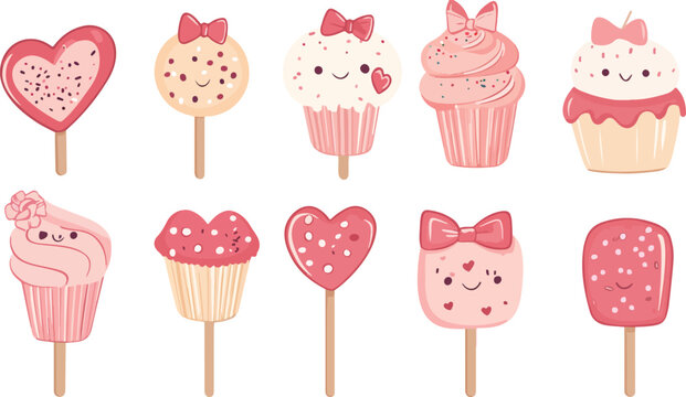 Seamless cute cupcake and dessert pattern with pink cupcakes, chocolate muffins, cream, cherries and hearts in a bakery style illustration for celebration wallpaper design